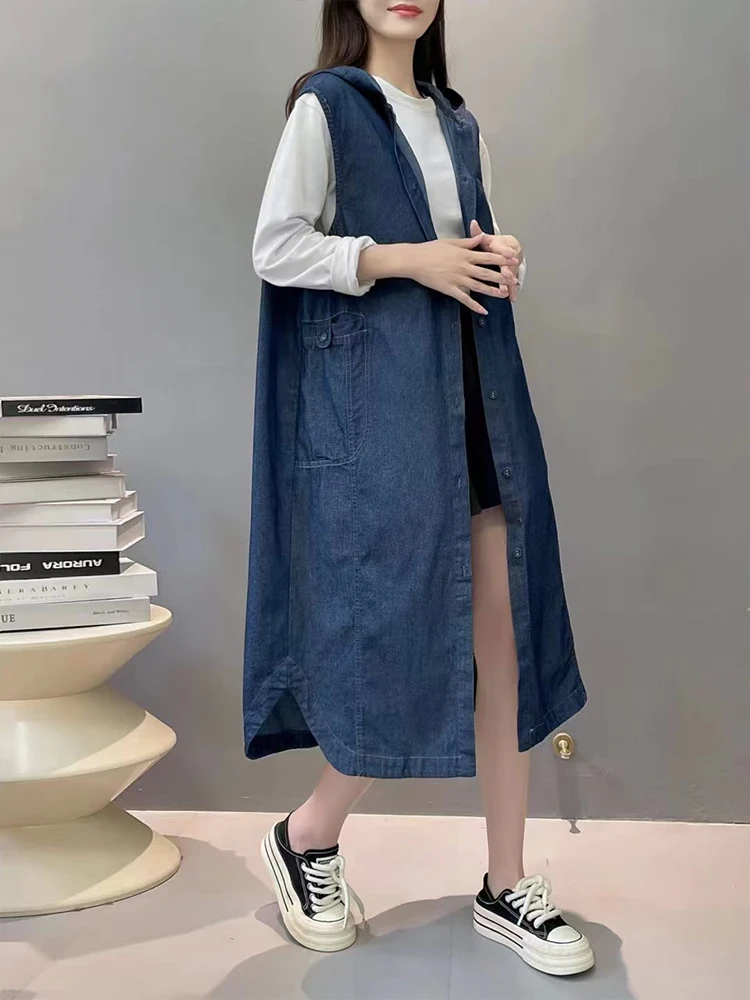 Max LuLu Autumn Long Sleeveless Clothes Womens Loose Fashion Hooded Denim Vest Coats Ladies Classic Leisure Vintage Waistcoats