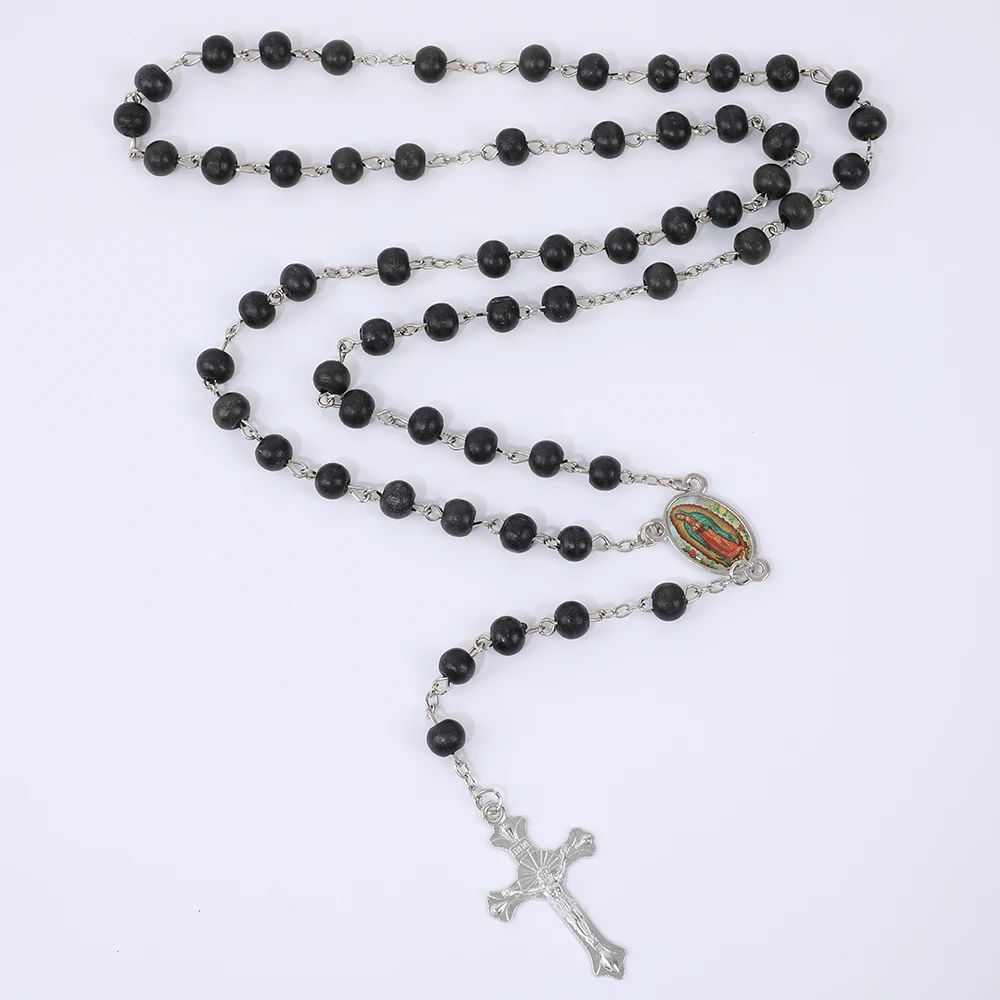 Blaue Rosenkranzkette für Damen und Herren, 6 mm, aus Holz, lange Kette, religiöser Anhänger mit der Jungfrau Maria und einem Kreuz, Herrenschmuck für Partys, Geschenk. – Detail 13