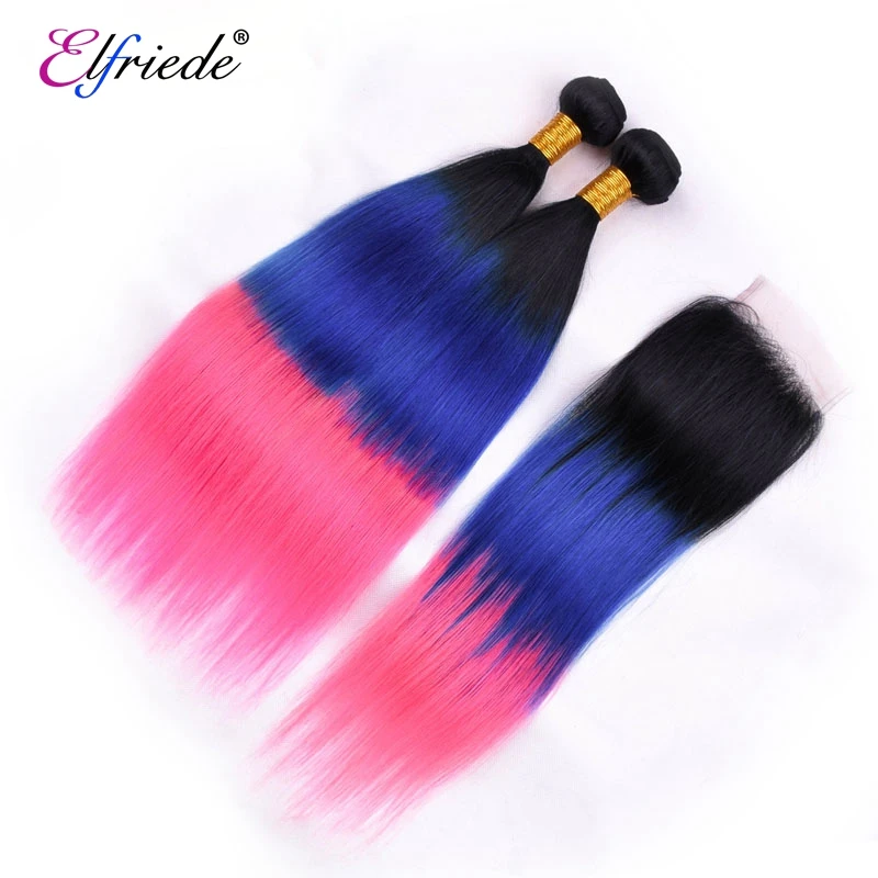 Elfriede #T1B/Blue /Pink 3 Bundles with 4x4 Lace Closure Straight Bundles with Closure Brazilian Human Hair Weaves No Tangle