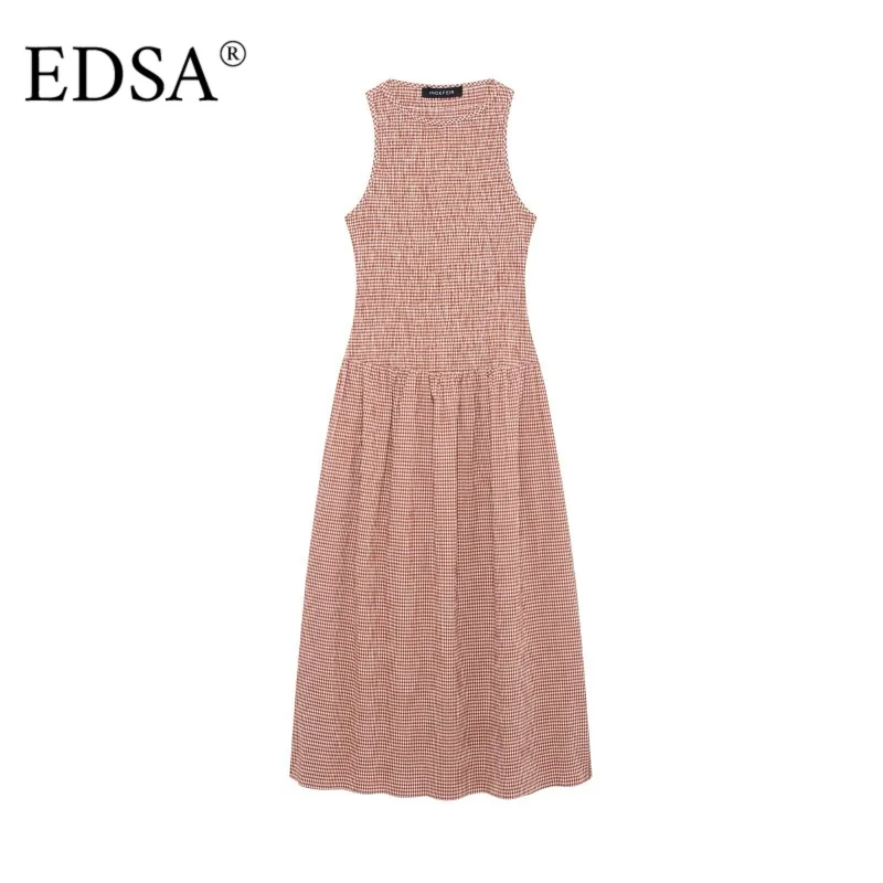 EDSA – robe mi-longue vichy pour femmes, col rond, sans manches, taille haute, smockée, extensible, longue, vacances d'été