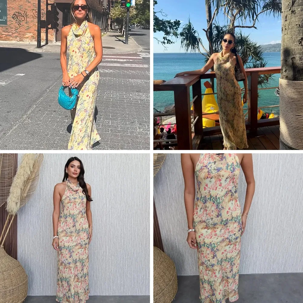 

**Floral Print Halter Long Dress: Sleeveless Off-Shoulder Backless Beach Gown for Women Holiday**(74 characters)