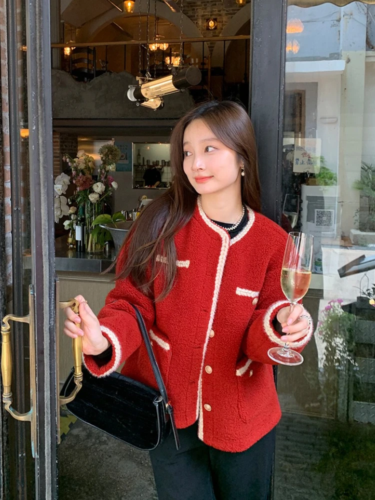 

Autumn Winter New in Style Commuter Women's Jacket Thick Short Coat Splicing Button Pocket Warm Elegant and Cute Coat Tops