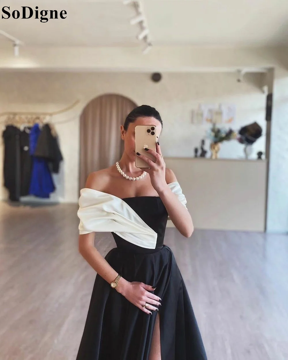 SoDigne Black and White A-Line Satin Evening Dresses Off Shoulder Side Slit 2024 Arabic Women Formal Occasion Prom Gowns Dubai