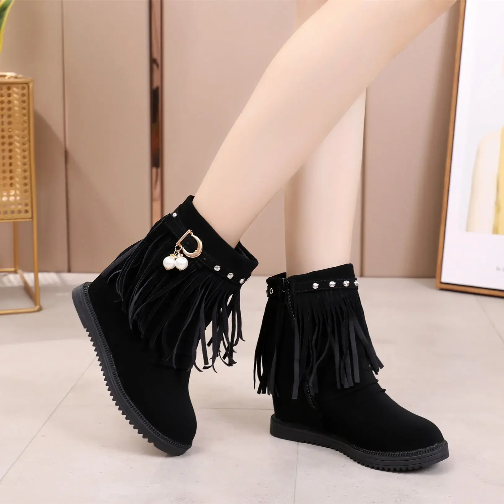 Tassel Booties Flat Woman Short Shoes Fashion 2024 On Offer Spring Y2k Promotion Boot Sale Goth Pu Autumn Ankle Boots for Women