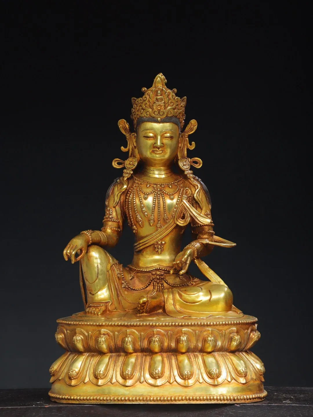 

20"Tibetan Temple Collection Old Bronze Cinnabar Gilded Free Green Tara Sitting Buddha Double Lotus Platform Worship Hall