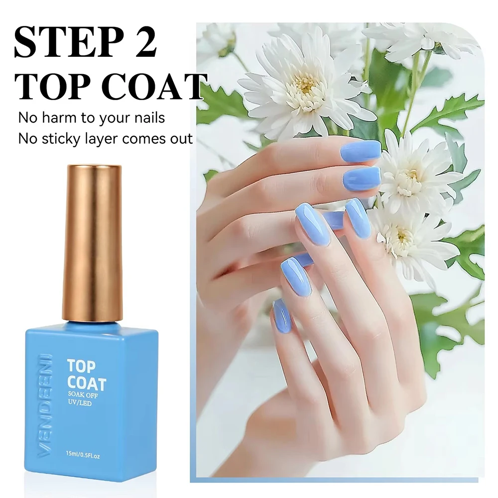 Vendeeni TPO HEMA FREE High Brightness No Wipe Strong Top Coat Base Coat Gel Nail Polish Semi Permanent UV Soak off Gel Varnish