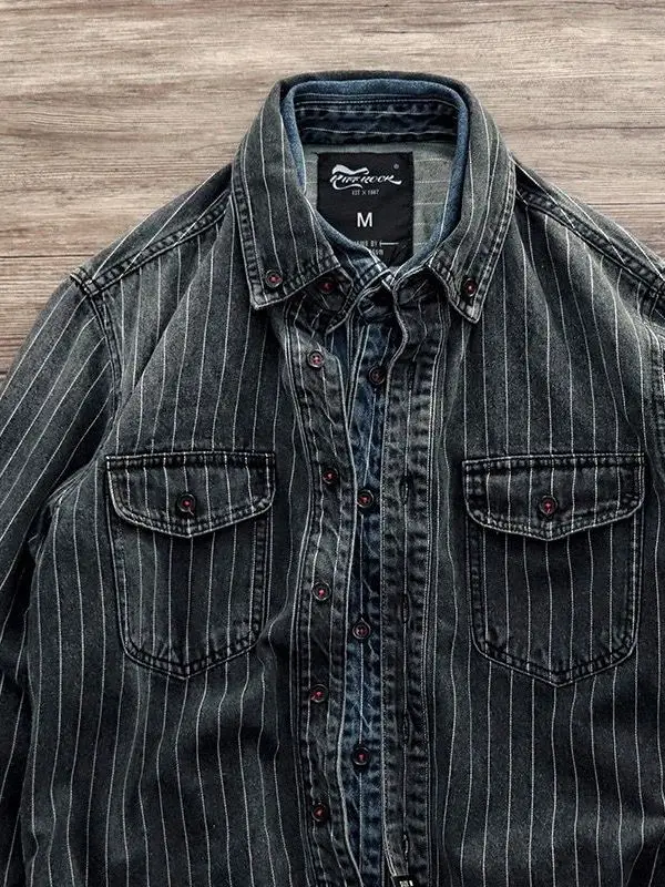 

Waed Vintage Men's Long Sve Denim irt Bla Striped Workwear Spring Autumn Japanese Sle Youth Faion Stand Fit