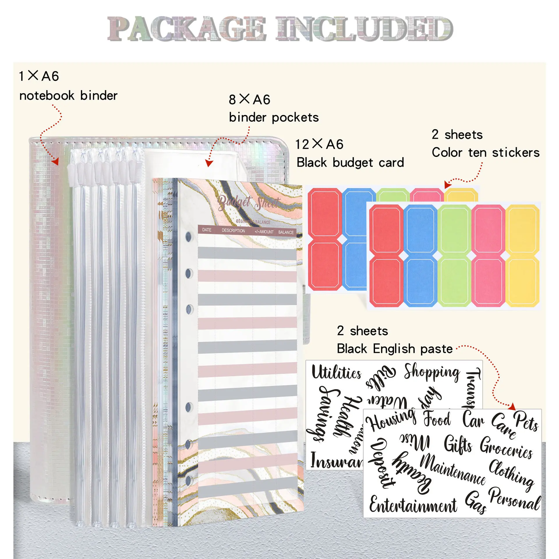 A6 PU Leather Marble Notebook Binder Budget Planner Money Organizer for Cash Savings with Zipper Envelope Pockets Stickers