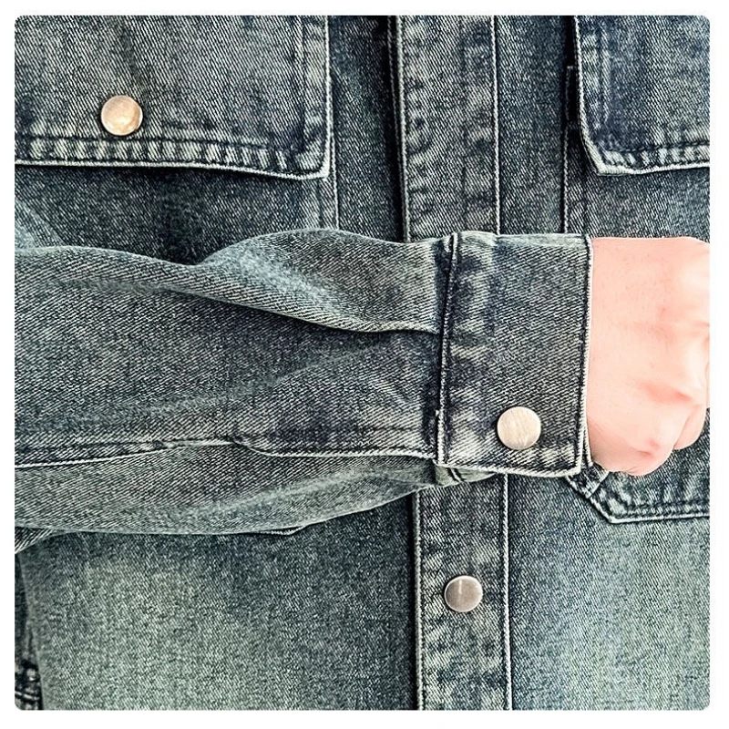 سترة الدنيم المغسولة للرجال: قميص جينز أزرق مغسول ومسامي ومتين ومتعدد الاستخدامات وفضفاض كلاسيكي كلاسيكي.