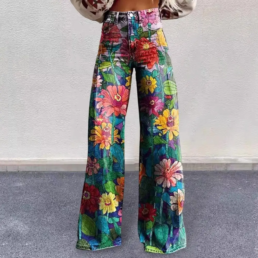 1Pc Women Retro Pants High Waist Button Zipper Fly Long Trousers Soft Pockets Casual Pants Distressed Straight Wide Leg Pants