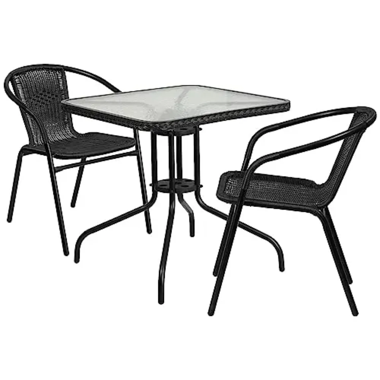 Lila 28'' Square Glass Metal Table with Black Rattan Edging and 2 Black Rattan Stack Chairs | Tempered Glass, Black