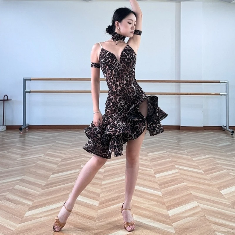 ليوبارد اللاتينية فستان رقص المرأة مثير هيكل السمكة فستان المنافسة الملابس تشا تشا رومبا السامبا أداء الرقص زي BL16902