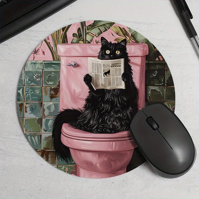The Black Cat round mouse pad for reading newspapers is a high-quality computer accessory with rubber anti-slip properties