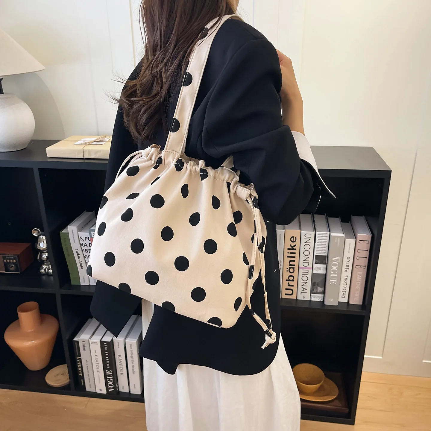 Polka Dot Tote Bag 2026 New Light Blue Drawstring Handbag Wide Strap Bucket Purse Casual Daily Cute Shoulder Bag for Girls Teens