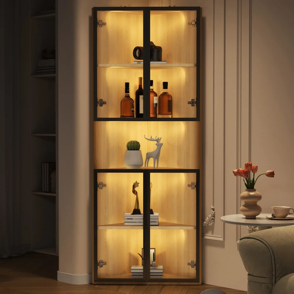 LED-Glasvitrine 62x32x160cm – Außenseite aus Eiche, integrierte Lichtleiste, staubdichter Schrank aus gehärtetem Glas, Eckvitrine mit Tür – Sammlervitrine, Bücherregal, Weinschrank, Badezimmerschrank