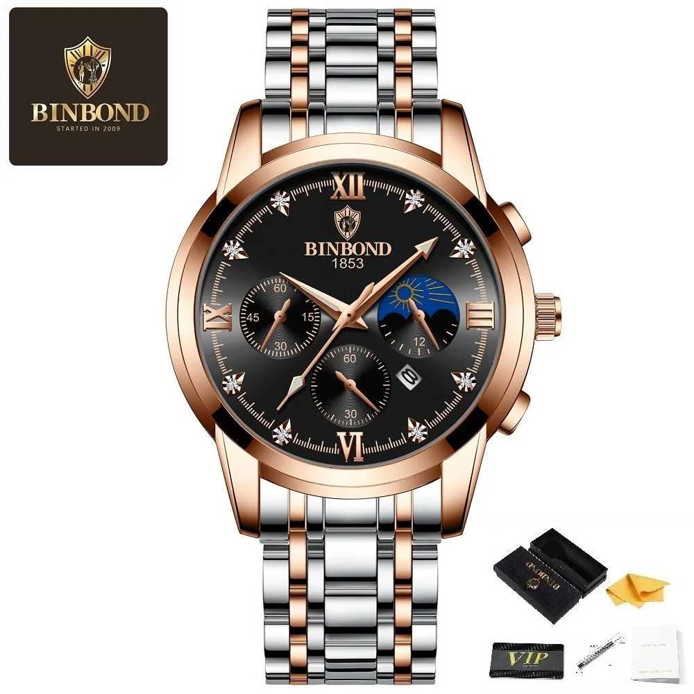 

BINBOND New Men's Watch Top Luxury Business Watch Waterproof Luminous Hands Display Date Stainless Steel Strap Quartz Watch