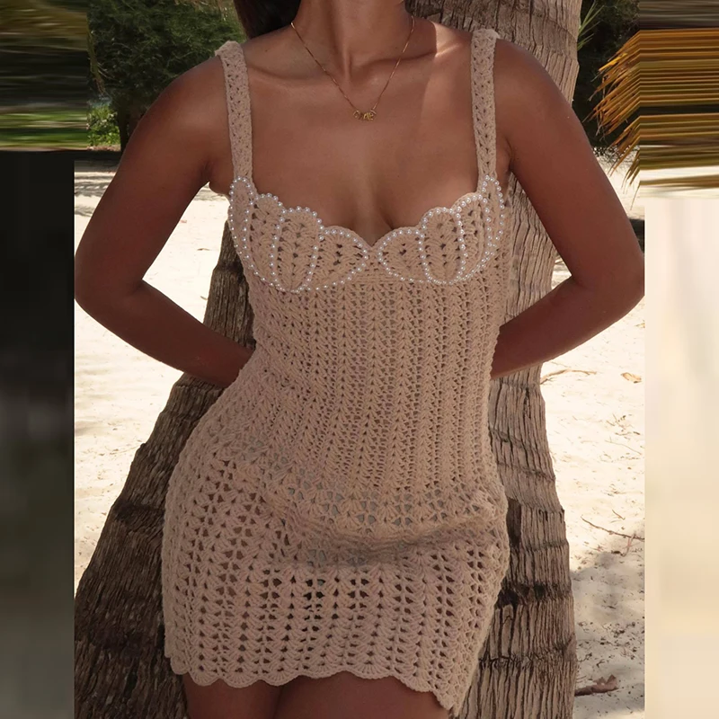 Sexy Strap Pearl Beading Mini Dress Women Crochet Knitted Sleeveless Hollow Beach Dresses Spring Summer Female Bodycon Beachwear