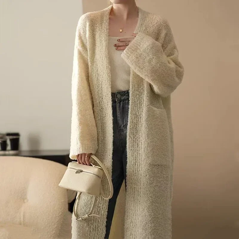 Japanese Korean Medium Long Knitted Cardigan Looped Yarn Girl  Autumn Winter New Style Loose Soft Lazy Sweater Jacket Trend