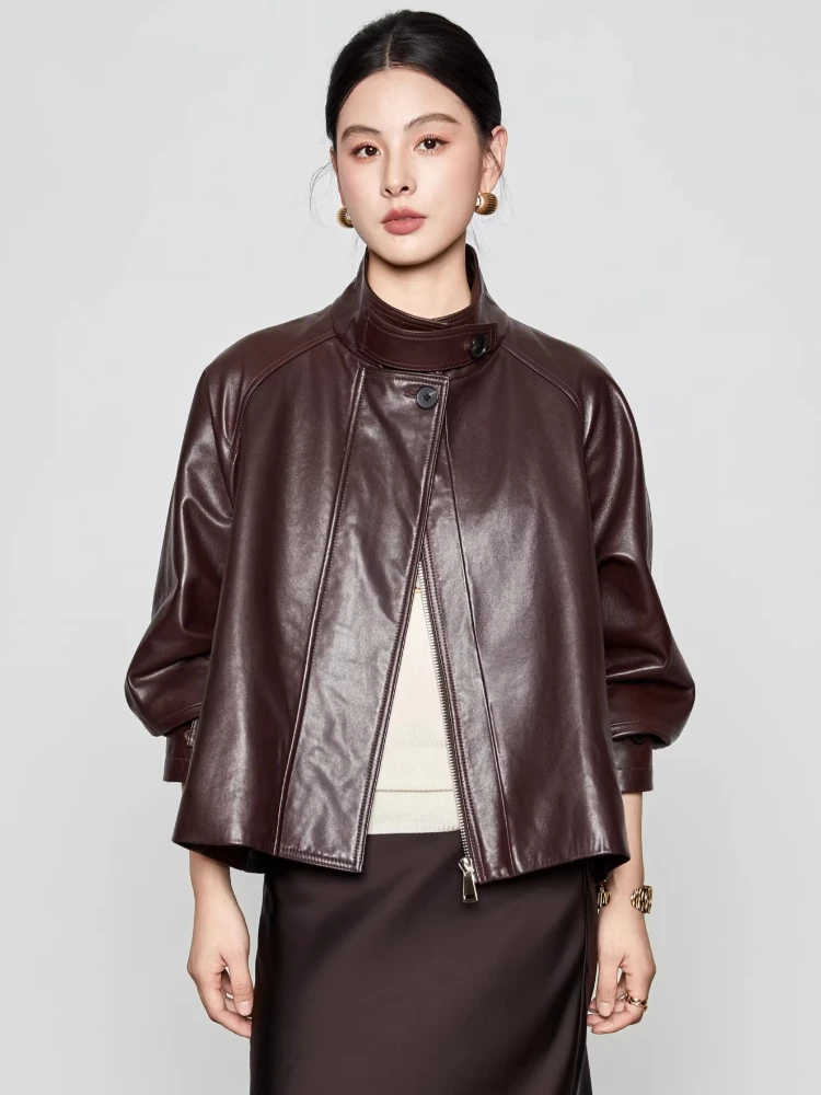 

Casual Short Genuine Leather Motorcycle Jackets Women Spring Autumn Simple Stand Collar Solid Soft Oil Wax Real Sheepskin Coat