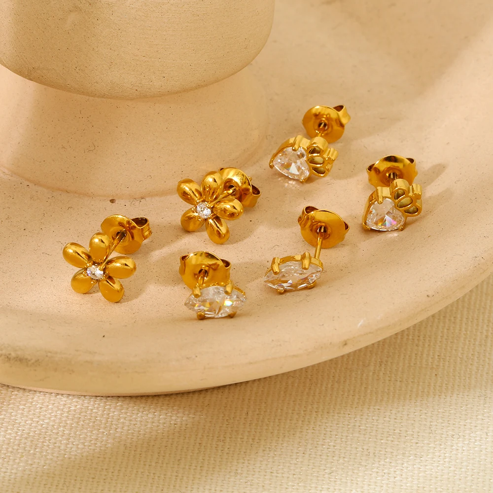 Dainty Women Earrings Jewelry Hypoallergenic 18K Gold Plated Stainless Steel Cubic Zirconia Flower Crown Eye Stud Earrings Set