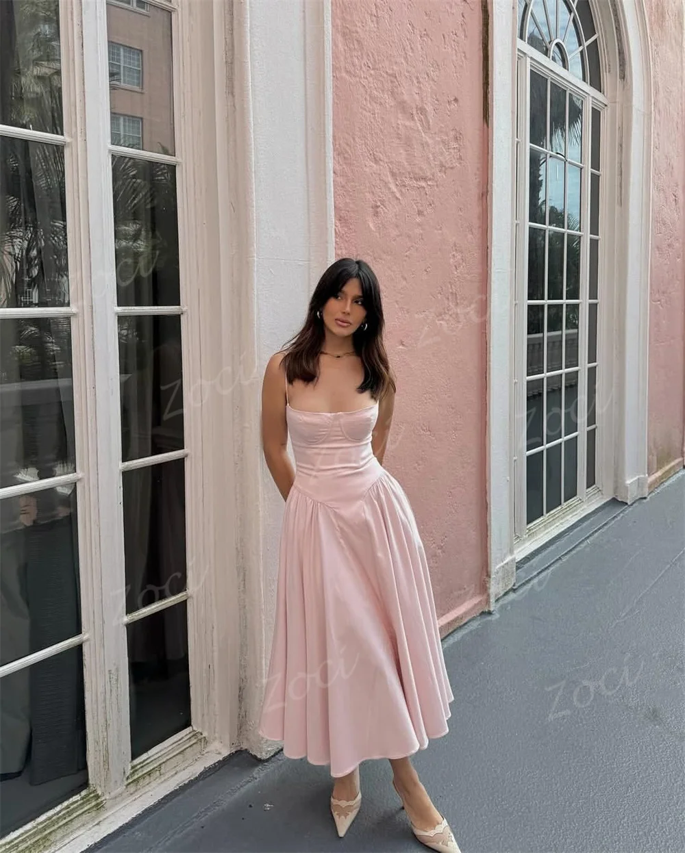 Zoci Baby الوردي الساتان ألف خط فساتين لحضور الحفلات الموسيقية مخصصة السباغيتي الأشرطة الزفاف مساء فستان المرأة مناسبة خاصة رداء حفلات
