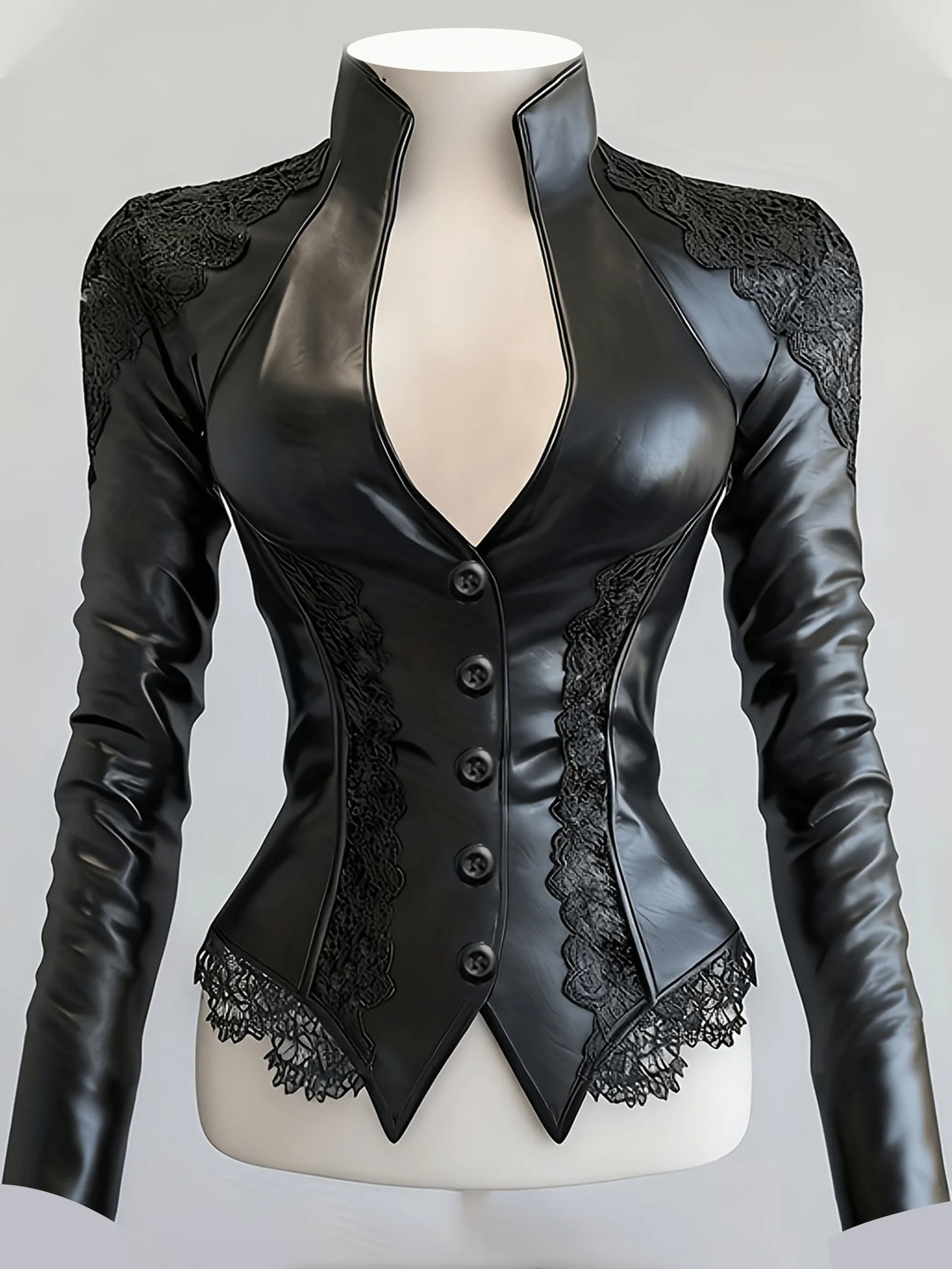 Women Faux Leather Lace Spliced Corset Top Stand Collar Deep V Long Sleeve Shirt Button Front Asymmetric Hem Gothic Blouse