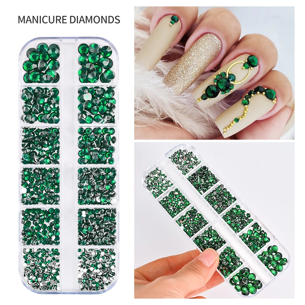 1000pcs+ Green Nail Art Rhinestones Mixed Size Mini Diamond  Flat-Back Luxurious Round Crystal Nail Arts Valentines\' Day Gems #S