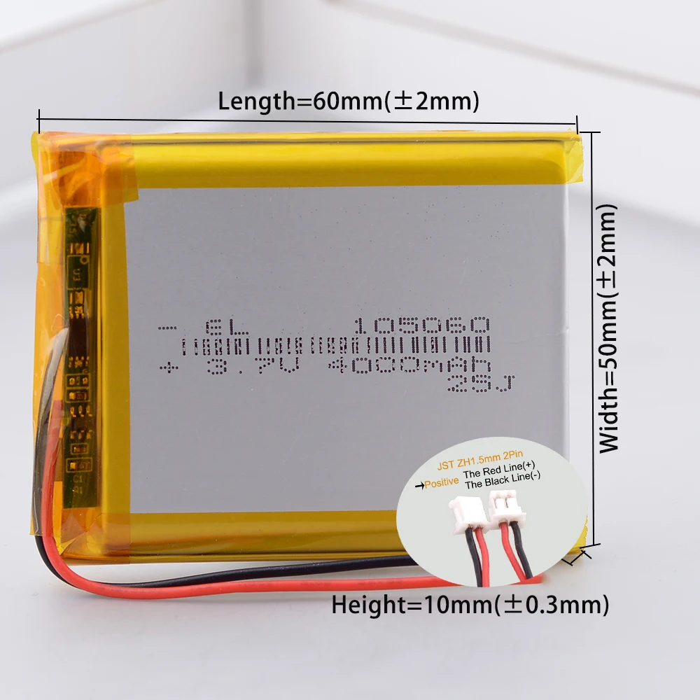 ZH1.5mm 2Pin 105060 3.7V 4000mAh Rechargeable li-Polymer Li-ion Battery 305060 405060 505060 705060 805060 905060 105060 125060