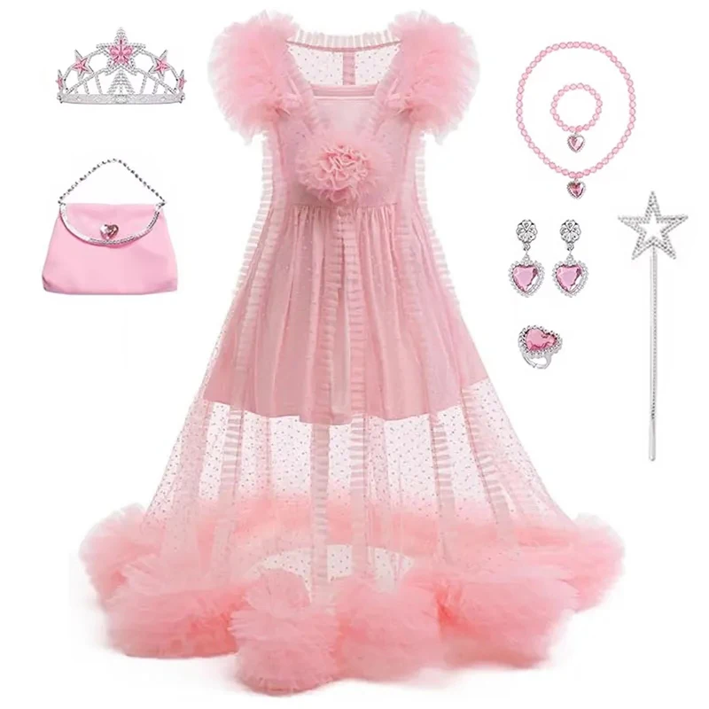 

Glinda Halloween Cosplay Sets For Children Birthday Witch Pink Princess Dress Elegant Girls Party Dresses With Accessories