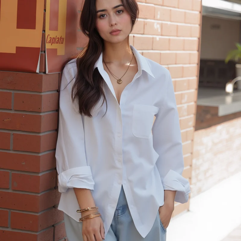 

Women Long Sleeve Shirts Fashion Office Lady Elegant Blouses Casual White Turn-down Collar OL Style Loose Top