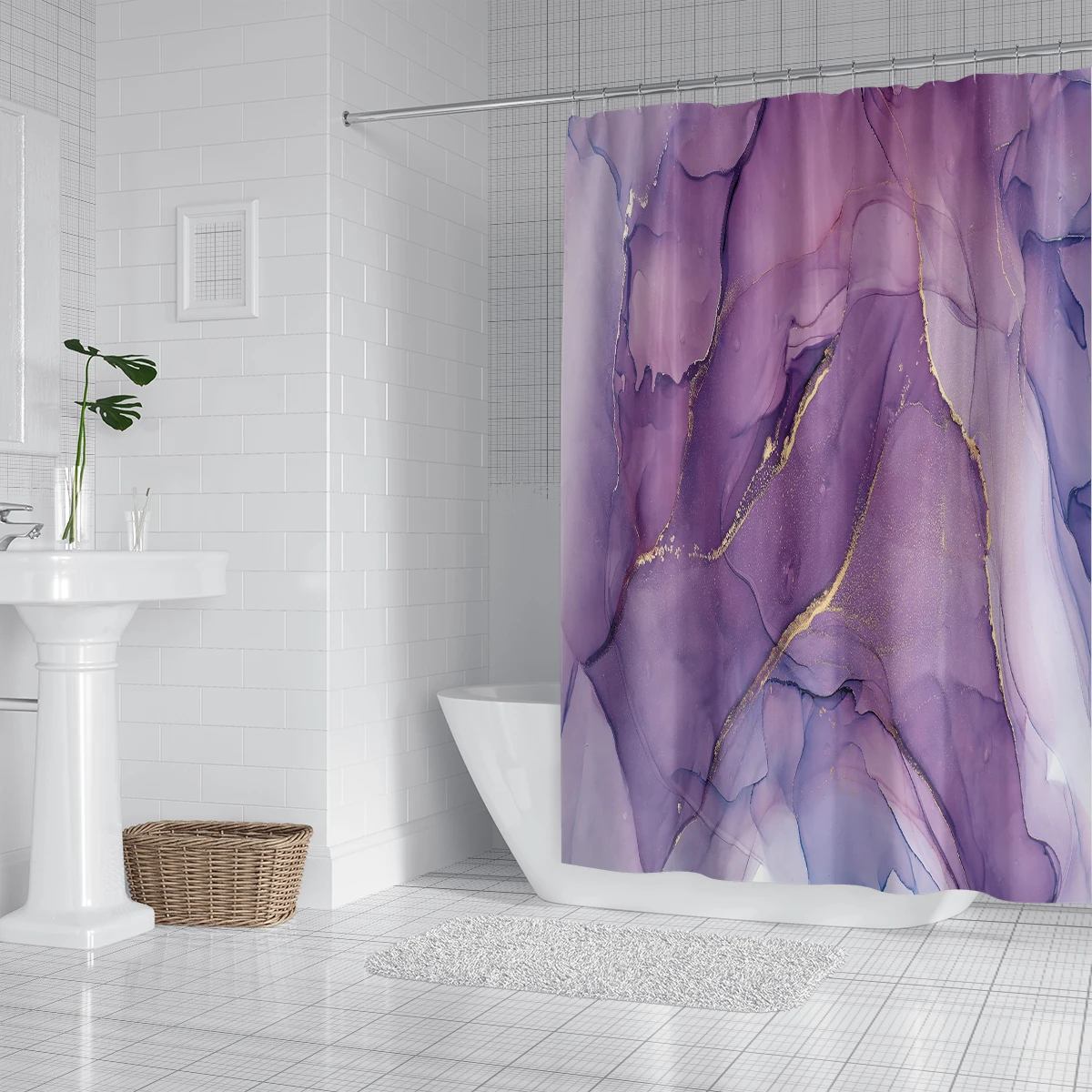 1 piece of 180x180cm purple marble pattern digital printing shower curtain partition bathroom waterproof and mold resistant