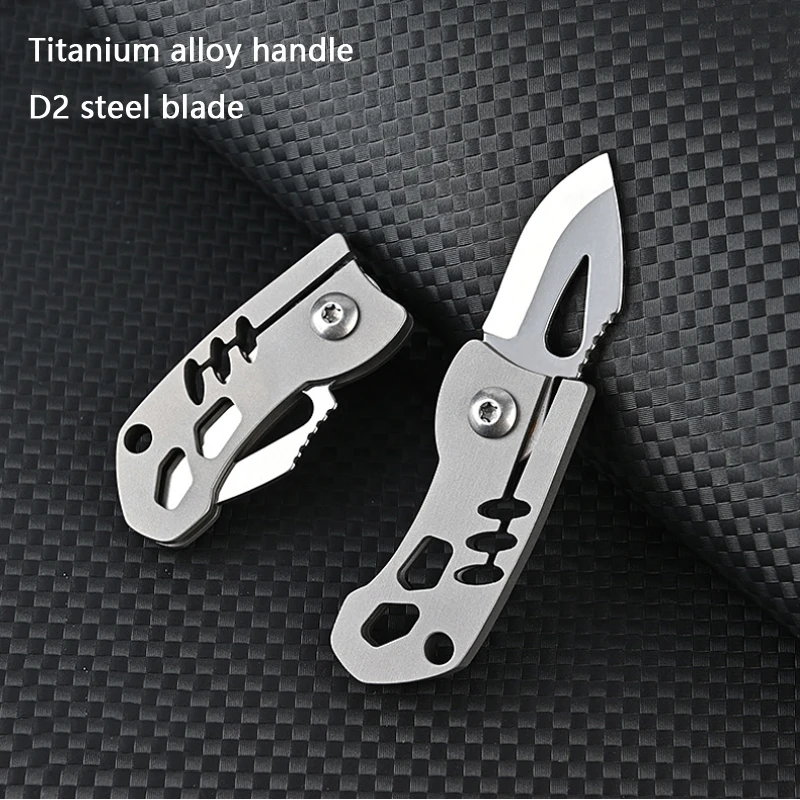 

High Hardness Blade D2 Titanium Alloy Folding Knife Key Pendant EDC Titanium Alloy Sharp Fruit Pocket Knife Outdoor Tool Gift
