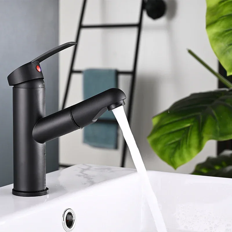 Grifos de fregadero extraíbles, grifo de lavabo de acero inoxidable, grifo mezclador de agua fría y caliente, accesorios de baño negros, Hardware