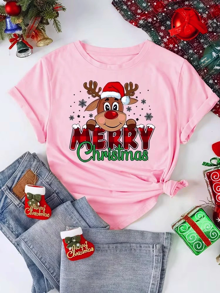 2025 عيد ميلاد سعيد لطيف الرنة طباعة الأحمر تي شيرت للنساء عادية كم قصير س الرقبة تي شيرت السيدات عيد الميلاد ملابس الحفلات #4