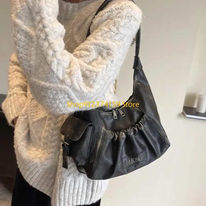 

G5AE Women PU Leather Shoulder Bag Trend Dumplings Bag Pleated Armpit Bag for Daily