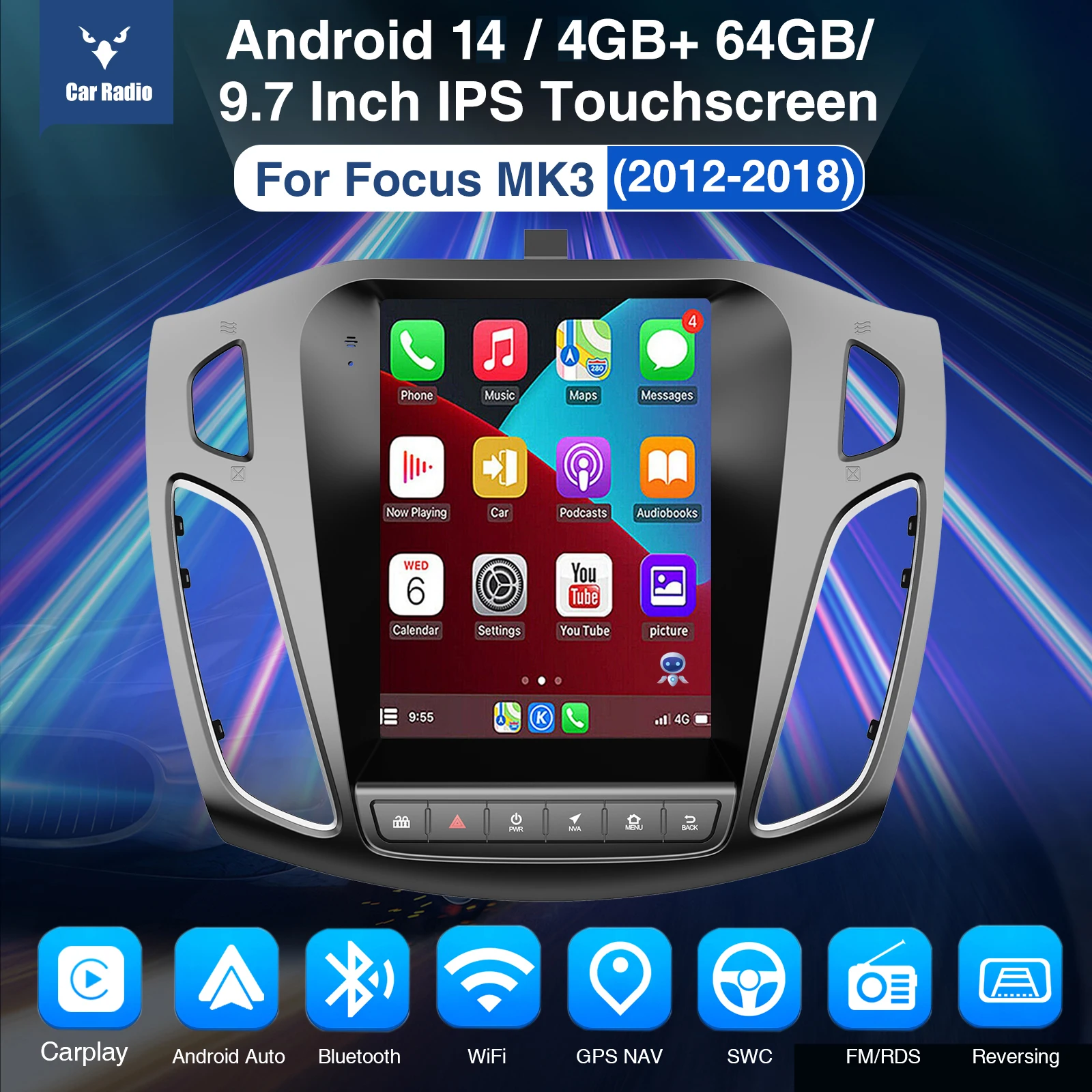 9.7 "لسيارة فورد فوكس MK3 2012-2018 Android14 Carplay 4 + 64G راديو ستيريو للسيارة نظام تحديد المواقع نافي بلوتوث واي فاي FM سبليت شاشة SWC + DVR & AHD #2