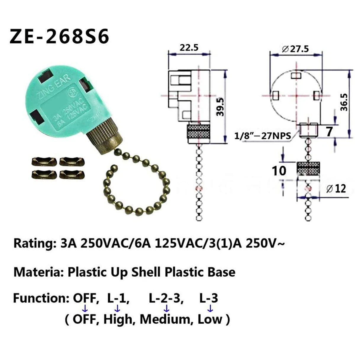 3Pcs ZE-268S6 Ceiling Fan Switch 3 Speed 4 Wire for Ceiling Fans and Wall Lights Pull Chain Switch Replacement Bronze