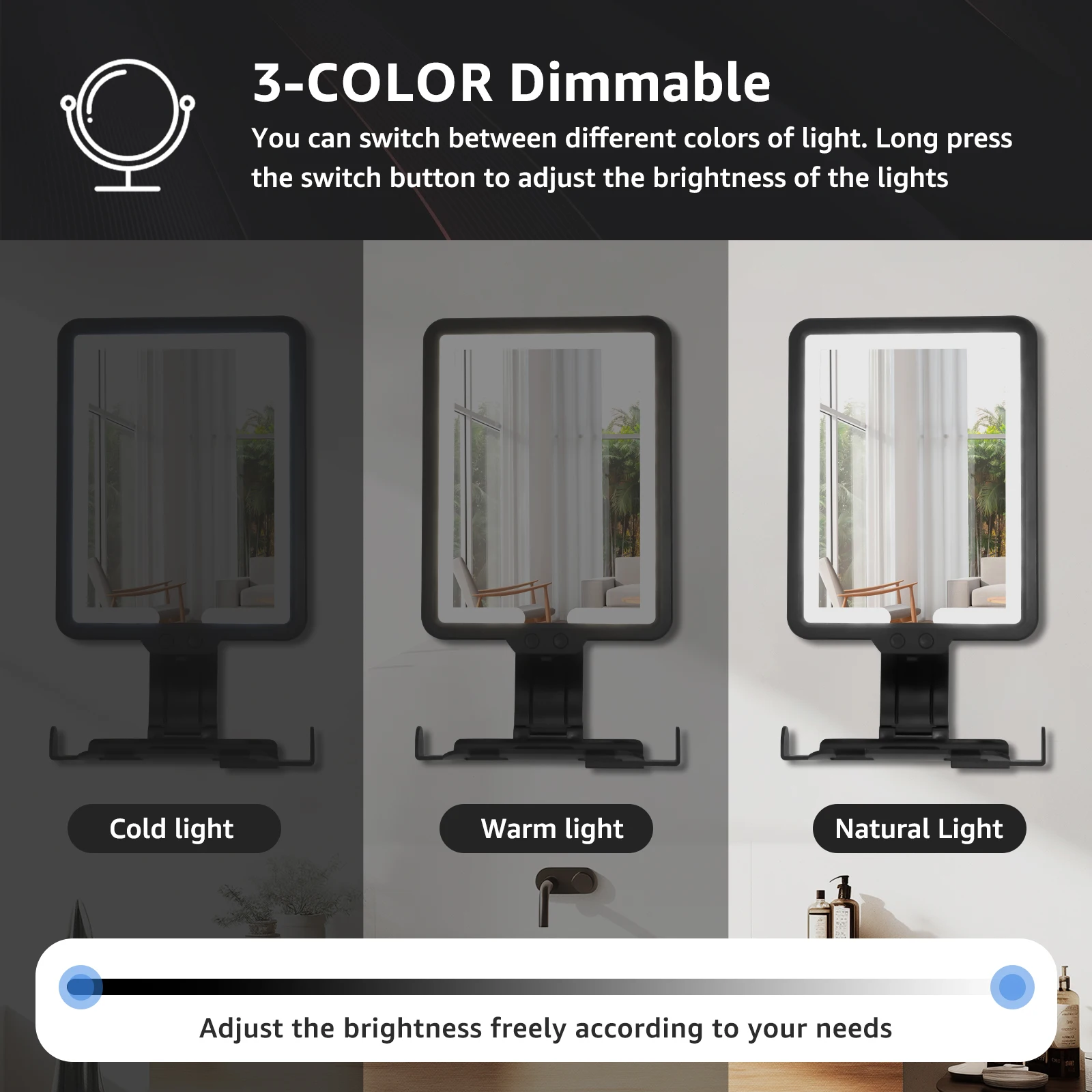 مرآة دش ساخنة بدون ضباب للحلاقة، مرآة دش مضادة للضباب قابلة لإعادة الشحن مع 3 أضواء ملونة وسطوع قابل للتعديل #4