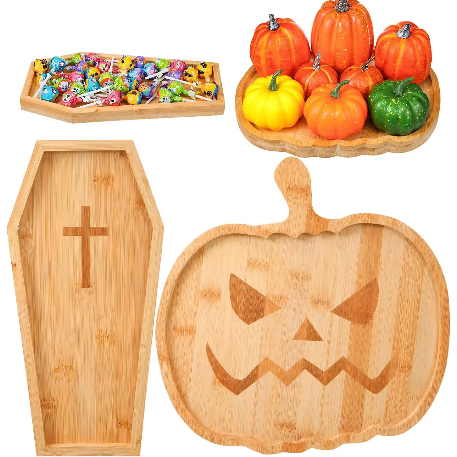 2pcs Cute Shape Bamboo Tray Deli Serving Tray Halloween Pumpkin Wooden Tray Cheese Platter Party Supplies