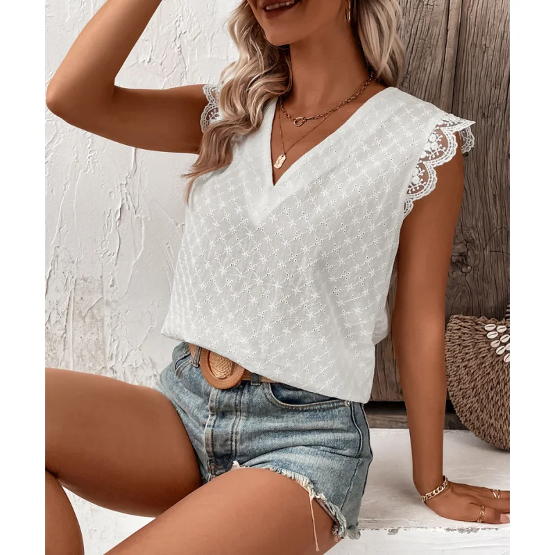 بلوزة نسائية صيفية كاجوال من الدانتيل بأكمام قصيرة وياقة مستديرة، قميص مستقيم من نسيج البوليستر بأكمام طائرة بلون واحد