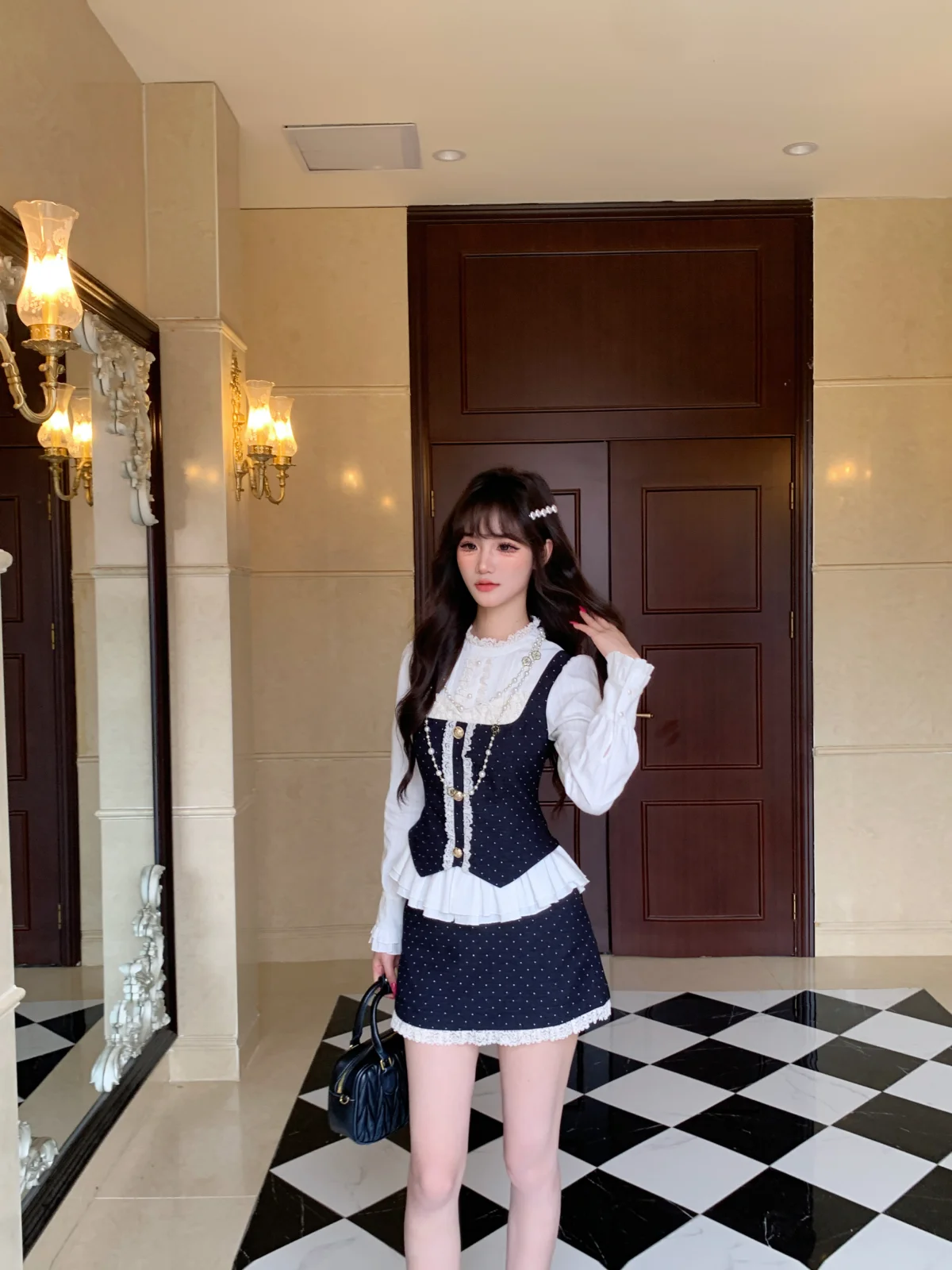 

Musefi Miu Series Retro Polka Dot High Waist Skirt And Top Set French Sle Faionable Two-Piece Suit for Women