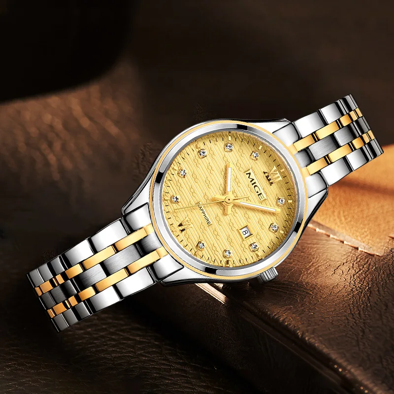 MIGE Elegant Ladies Mechanical Watch Two-tone Metal Bracelet Gold Dial Diamond Date Automatic Wrist Watch
