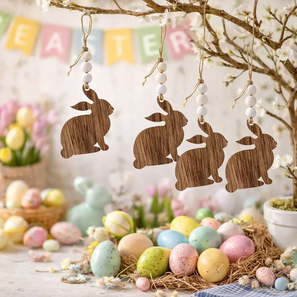 

5 Pieces Handmade Easter Rabbit Tree Ornament DIY Crafts Wood Slices Wooden Bunny Pendant Artificial Bunny Hanging Decor
