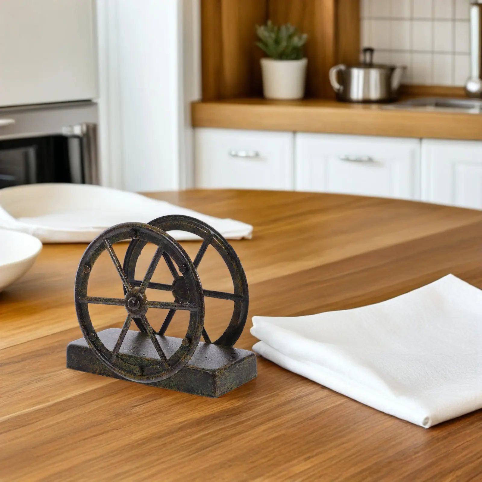Vintage Cast Iron Napkin Holder Wheel Design Freestanding Rustic Farmhouse Tissue Dispenser for Kitchen Countertop Dining Table view 4