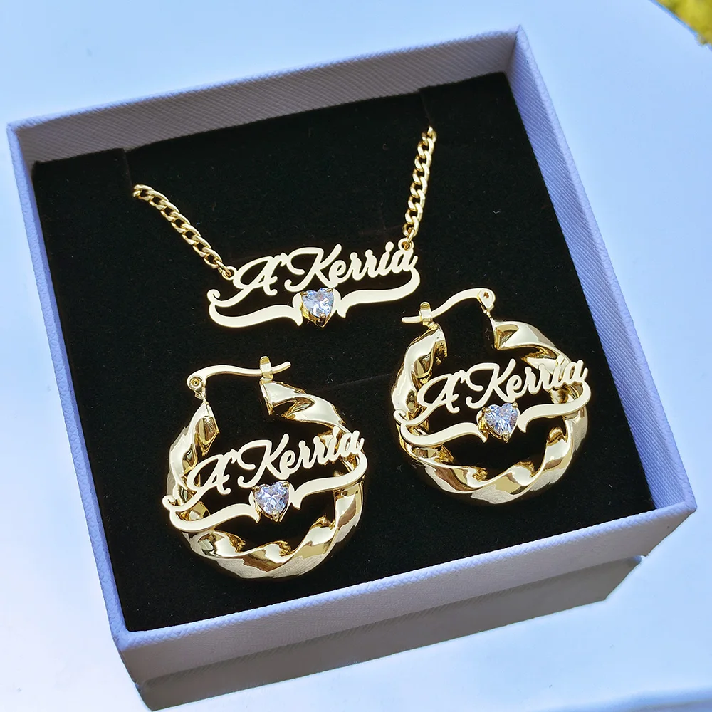 2 Pcs Set Custom Name Jewelry Set Personalized Birthstone Name Necklace 30mm/50mm Heart Bamboo Hoop Earrings for Christmas Gift