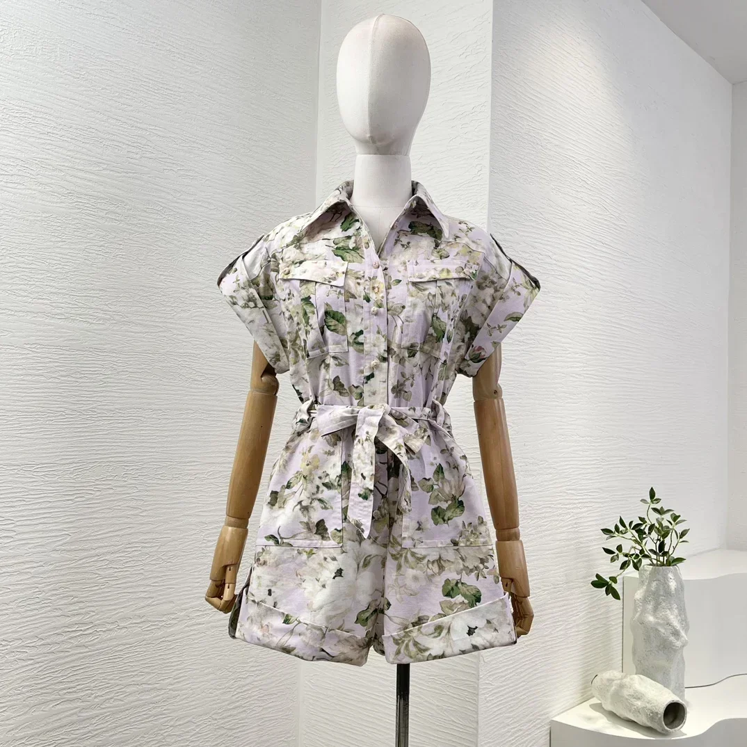 Beach Style Purple Elegant Linen High Quality Floral Print Short Sleeve Self Bow Tie At Waist Women Holiday Playsuits