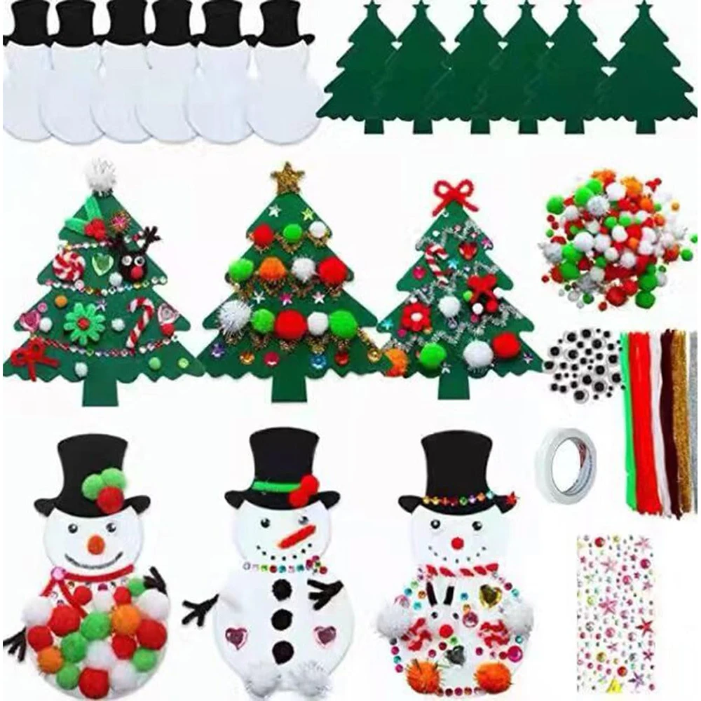 1set Christmas Tree DIY Craft Kits Snowman Christmas Arts Crafts Supplies with Sticker for DIY School Project Party Activities