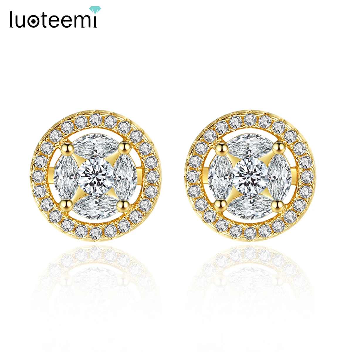 LUOTEEMI Cubic Zirconia Halo Stud Earrings Women 2024 Classic Round Luxury Bridal Fashion Wedding Charm Jewelry Christmas Gift