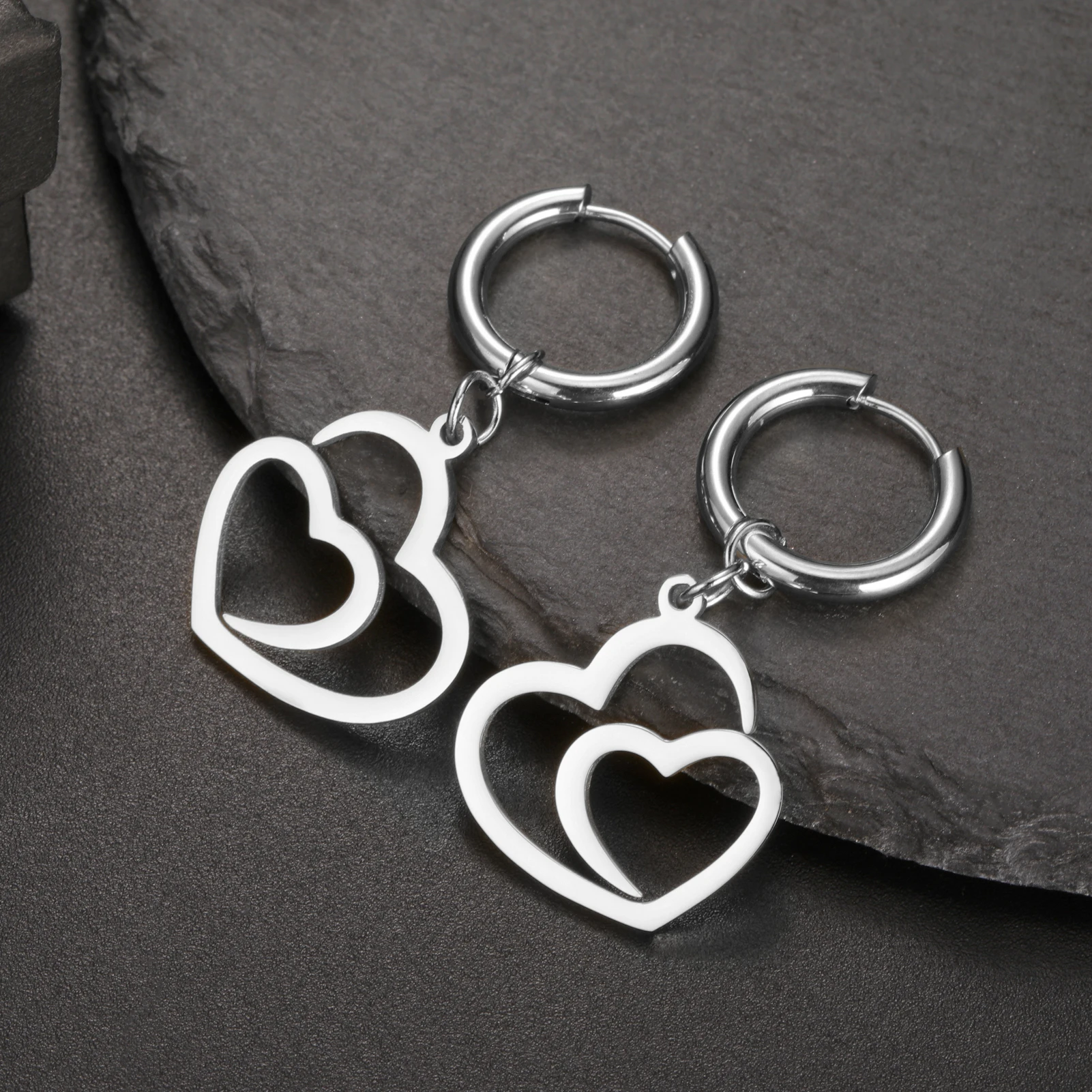 COOLTIME Double Love Heart Drop Earrings for Women Stainless Steel ﻿Gold Color Fashion Wedding Earrings Jewelry Pretty Gift