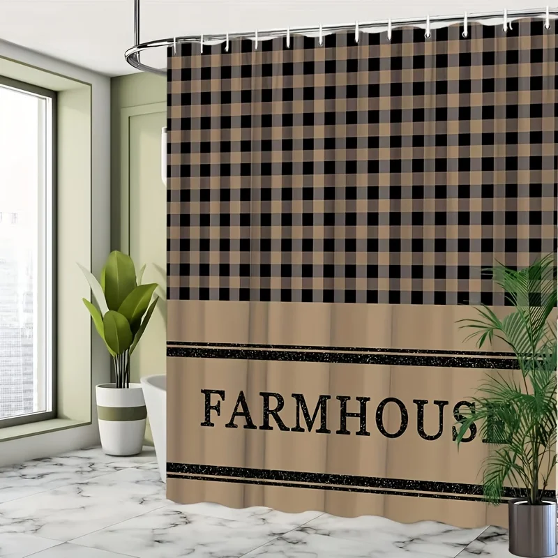 2D Flat, 2D Flat, 1 American Country Farmhouse Style Shower Curtain | 2D Plaid Pattern with Classic Black-Brown Checks and 